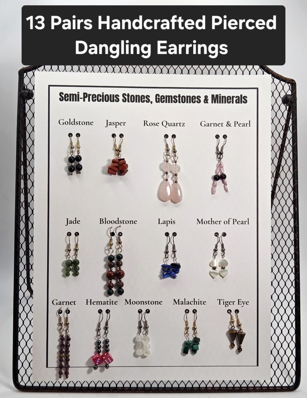 Lot of 13 Semi Precious Gemstone Mineral Beads Dangling Artisan Earrings Estate